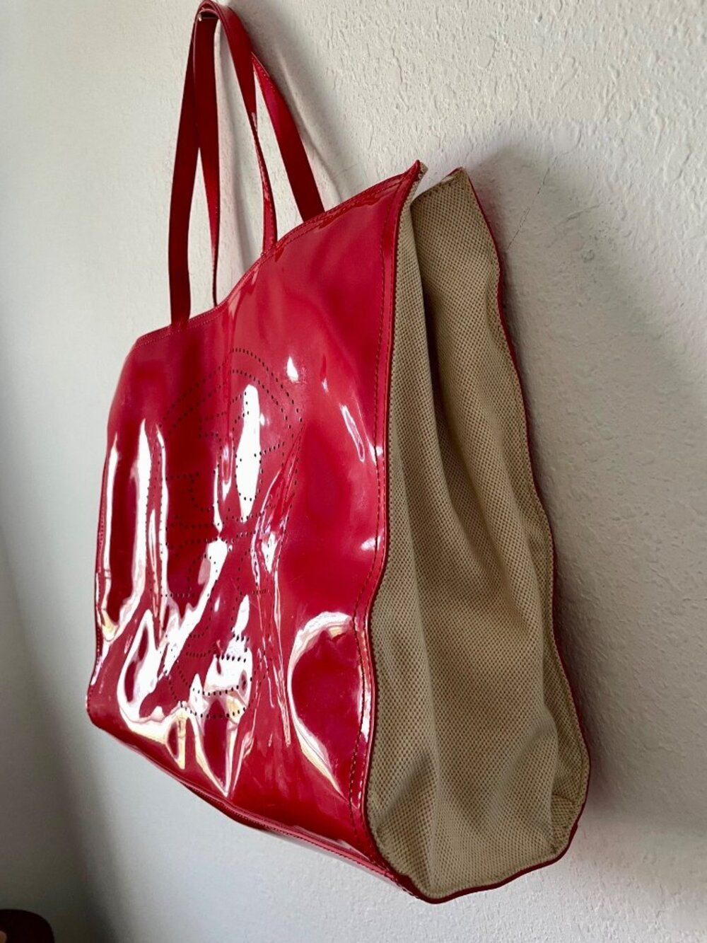 Tory Burch Ella Red Patent Leather Canvas Monogram Large Bag Tote Gold - Picture 8 of 16